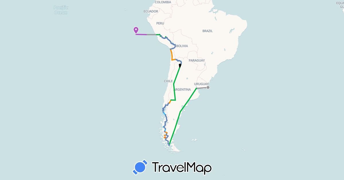 TravelMap itinerary: bus, plane, train, boat, hitchhiking, covoit avec m&em, tandem, rando in Argentina, Bolivia, Chile, France, Peru (Europe, South America)